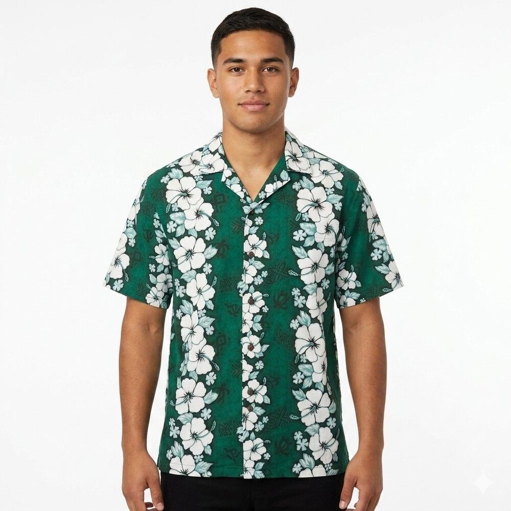 CT Hawaii Fashions Hawaiian Shirt Men's Large Green White Floral
